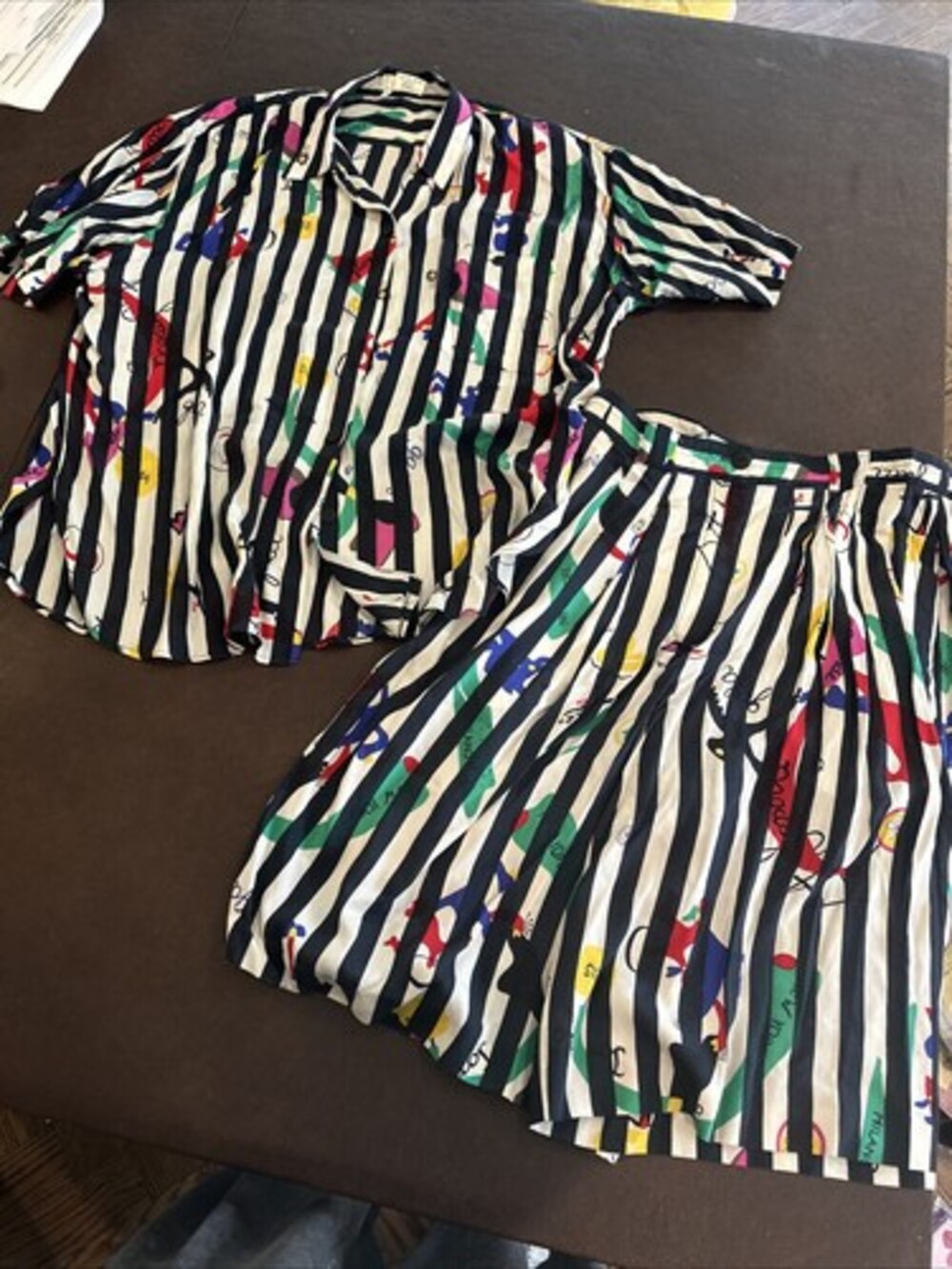 LAUREL Escada 2 Pc Vintage Black White striped Shorts Blouse Set 40 38 Paris